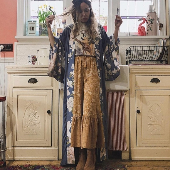 New Gypsy Floral Print Peacock Kimono Maxi Duster Jacket Robe Dusty Blue - Picture 10 of 13
